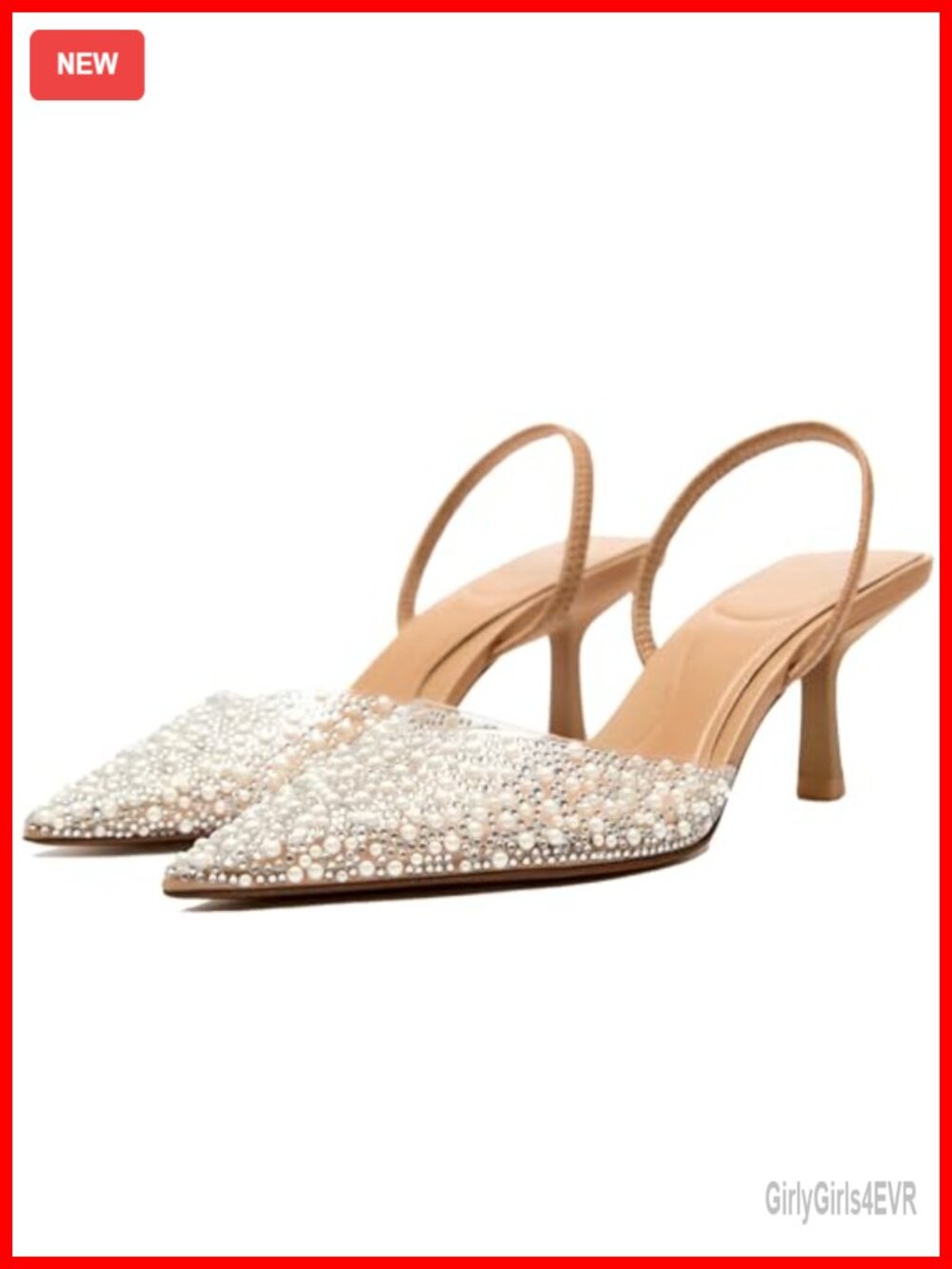 Pearl Kitten Heels Pointed Toe Mesh Rhinestone Slingback Wedding Party Pumps